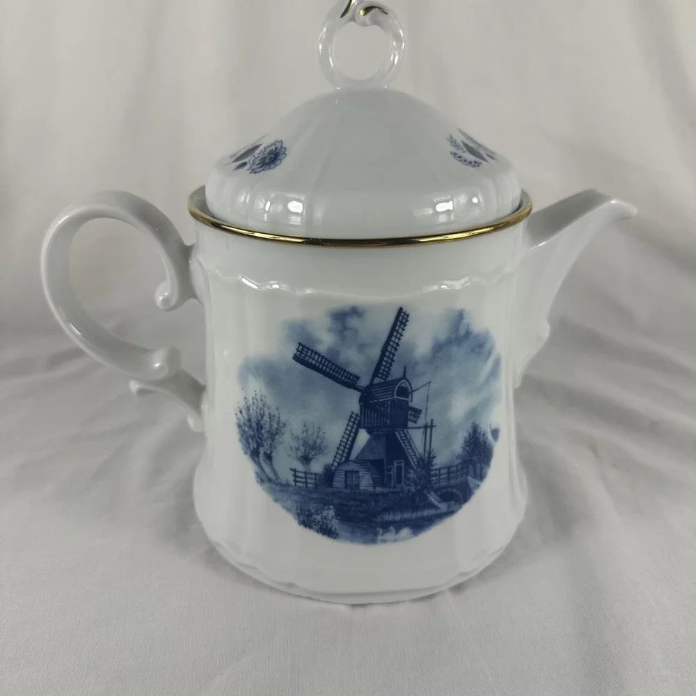 Delft Blauw Ter Steege eschenbach Windmill Teapot Hand Decorated Holland Gold